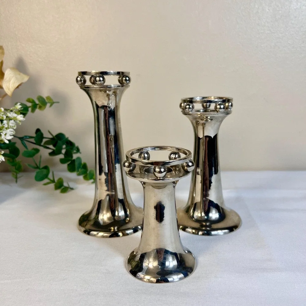 Vintage MCM Silver Plated Ball Candlestick Holders | RARE | Set of 3